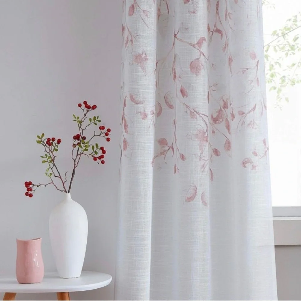 Central Park Leaf Floral Print Metallic Sheer Linen Curtain Panel 40